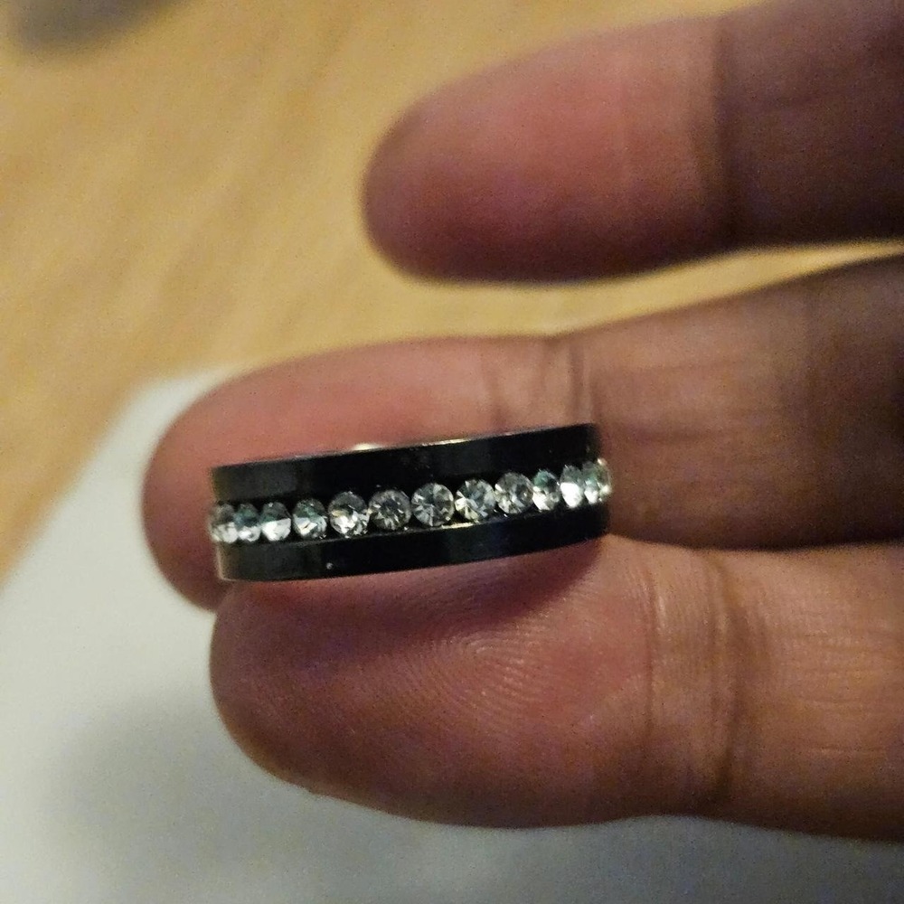 Black Band Ring Clear Crystal Channel Set Round Cut‎ Size 7.5 Modern Unisex Edgy